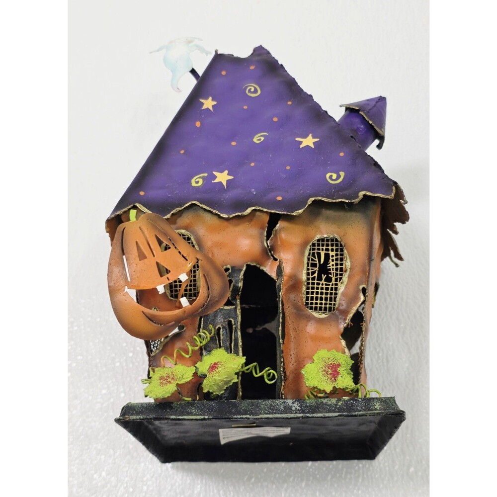 Halloween Haunted Tin House Tea Light Candle Holder Decor Vintage Distressed